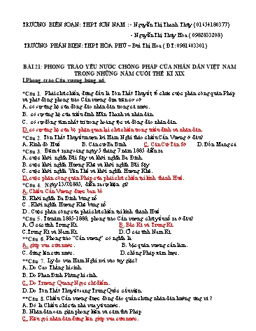 Đề trắc nghiệm môn Lịch sử Lớp 11 - Bài 21: Phong trào yêu nước chống Pháp của nhân dân Việt Nam trong những năm cuối thế kỉ XIX - Nguyễn Thị Thanh Thủy + Nguyễn Thị Thúy Hòa (Có đáp án)