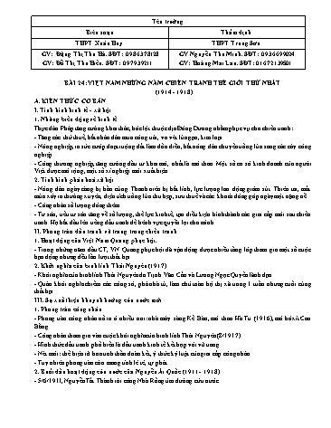 Đề trắc nghiệm môn Lịch sử Lớp 11 - Bài 24: Việt Nam những năm chiến tranh thế giới thứ nhất (1914-1918) - Đặng Thị Thu Hà + Đỗ Thị Thu Hiền (Có đáp án)