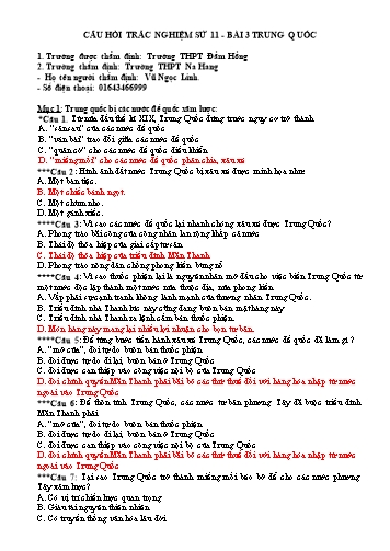 Đề trắc nghiệm môn Lịch sử Lớp 11 - Bài 3: Trung Quốc - Trường THPT Đầm Hồng (Có đáp án)