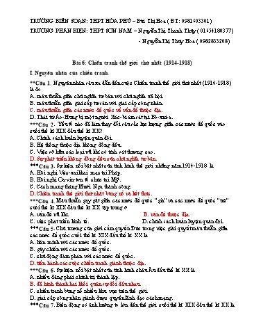 Đề trắc nghiệm môn Lịch sử Lớp 11 - Bài 6: Chiến tranh thế giới thứ nhất (1914-1918) - Bùi Thị Hoa (Có đáp án)