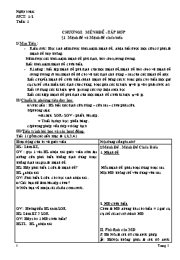 Giáo án môn Đại số Lớp 10 - Tuần 1 đến 4, Chương I: Mệnh đề. Tập hợp