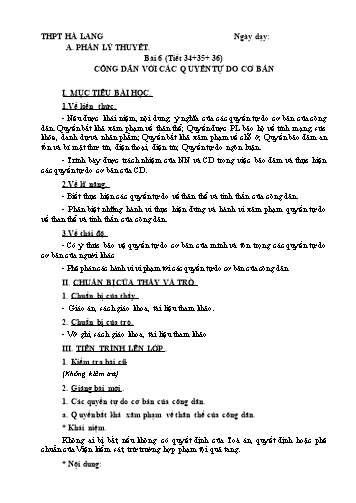 Giáo án môn Giáo dục công dân 12 - Tiết 34 đến 36, Bài 6: Công dân với các quyền tự do cơ bản - Trường THPT Hà Lang