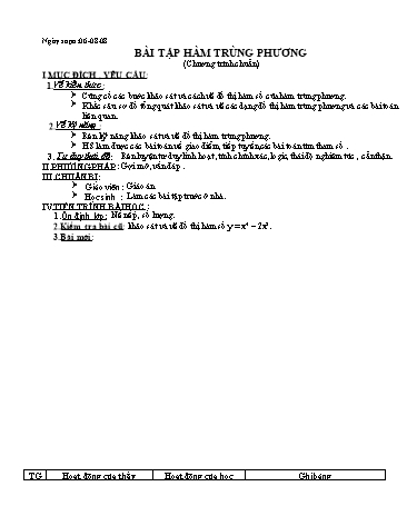 Giáo án môn Toán Lớp 12 - Bài học: Bài tập hàm trùng phương (chương trình chuẩn)