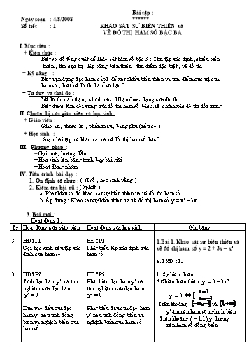 Giáo án môn Toán Lớp 12 - Bài học: Bài tập khảo sát sự biến thiên và vẽ đồ thị hàm số bậc ba