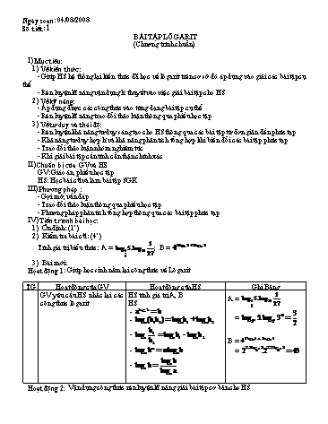 Giáo án môn Toán Lớp 12 - Bài học: Bài tập lôgarit (chương trình chuẩn)