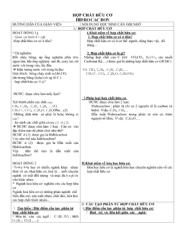 Kế hoạch bài dạy môn Hóa học 9 - Chủ đề: Hợp chất hữu cơ Hidrocacbon