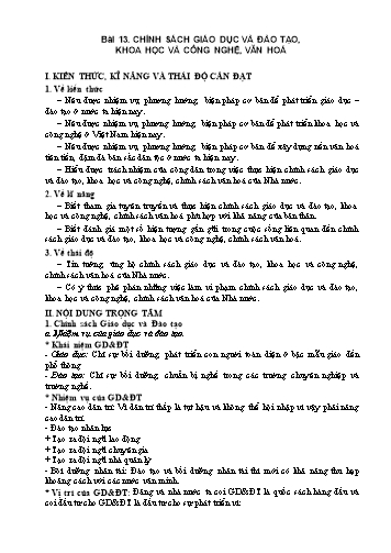 Ôn tập kiến thức môn Giáo dục công dân 11 - Bài 13: Chính sách giáo dục và đào tạo, khoa học và công nghệ, văn hoá - Trường THPT Sơn Nam