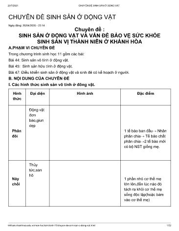 Ôn tập kiến thức môn Sinh học 11 - Chuyên đề: Sinh sản ở động vật và vấn đề bảo vệ sức khỏe sinh sản vị thành niên ở Khánh Hòa - Năm học 2019-2020