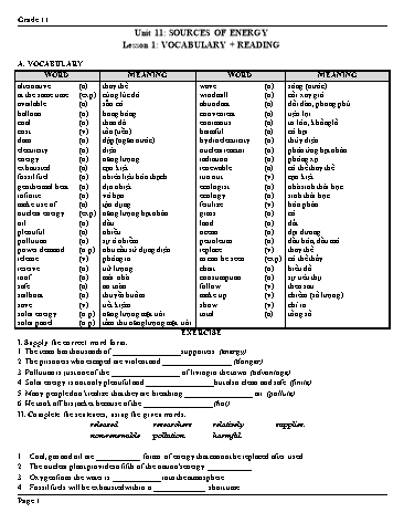 Ôn tập kiến thức môn Tiếng Anh 11 - Unit 11: Sources of energy