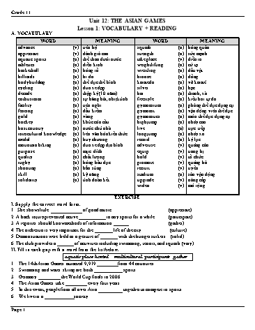 Ôn tập kiến thức môn Tiếng Anh 11 - Unit 12: The asian games