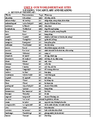 Ôn tập kiến thức môn Tiếng Anh 11 - Unit 8: Our world heritage sites