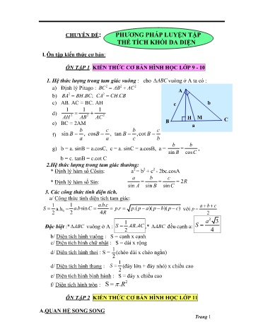Tài liệu Ôn tập kiến thức môn Toán Khối THPT - Chuyên đề: Phương pháp luyện tập thể tích khối đa diện