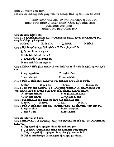 Tài liệu ôn tập thi THPT quốc gia môn Giáo dục công dân 12 (Theo ĐHPTNLHS) - Năm học 2017-2018 - Trường THPT Yên Hoa (Có đáp án)