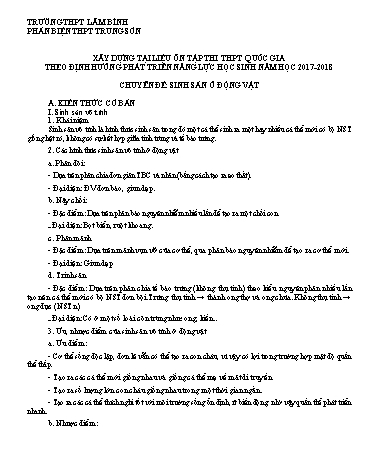 Tài liệu ôn tập thi tốt nghiệp THPTQG môn Sinh học (Theo ĐHPTNLHS) - Chuyên đề: Sinh sản ở động vật - Năm học 2017-2018 - Trường THPT Trung Sơn