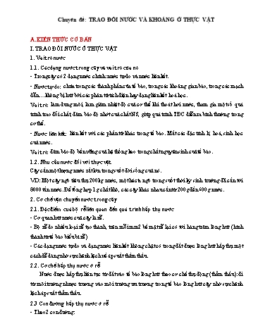 Tài liệu tham khảo ôn thi tốt nghiệp THPTQG môn Sinh học - Chuyên đề: Trao đổi nước và khoáng ở thực vật