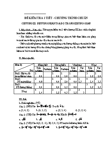 Đề kiểm tra 1 tiết chương III môn Toán Lớp 12 (Có đáp án)