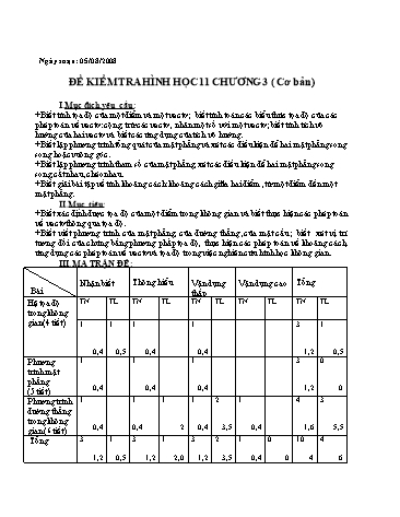 Đề kiểm tra chương III môn Hình học 11 Cơ bản (Có đáp án)