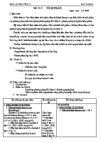 Giáo án Giải tích 12 (Ban cơ bản) - Tiết 52+53: Tích phân
