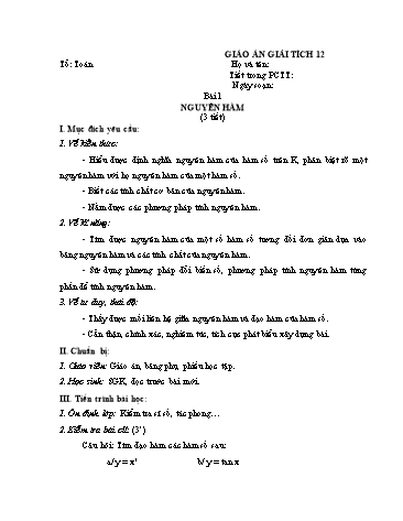 Giáo án môn Giải tích Lớp 12 - Bài 1: Nguyên hàm (3 tiết)