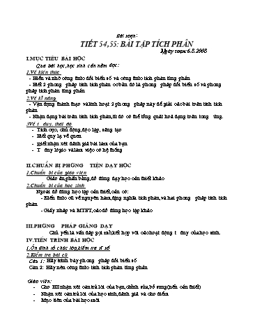 Giáo án môn Giải tích Lớp 12 - Tiết 54+55: Bài tập tích phân