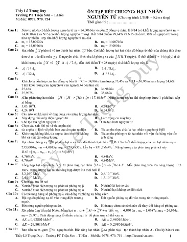 Đề cương ôn tập môn Vật lý Lớp 12 - Chương: Hạt nhân nguyên tử - Lê Trọng Duy
