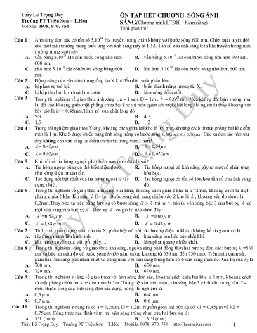 Đề cương ôn tập môn Vật lý Lớp 12 - Chương: Sóng ánh sáng - Lê Trọng Duy