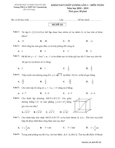 Đề khảo sát chất lượng môn Toán 12 (Lần 1) - Mã đề 123 - Năm học 2018-2019 - Trường THCS và THPT M.V Lômônôxốp (Có đáp án)
