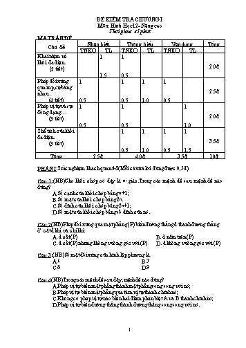 Đề kiểm tra 1 tiết chương I môn Hình học 12 Nâng cao (Có đáp án)