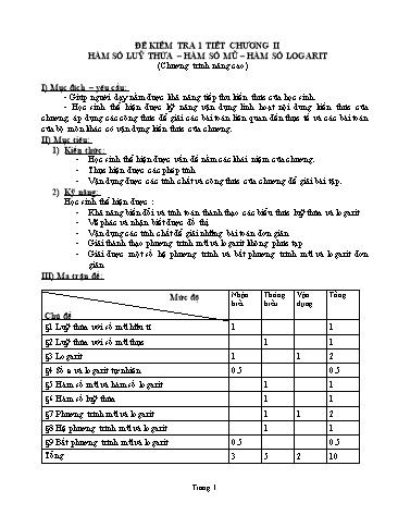 Đề kiểm tra 1 tiết chương II môn Giải tích 12 (Có đáp án)