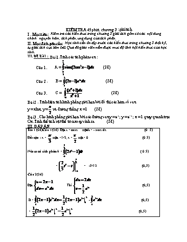 Đề kiểm tra 1 tiết chương III môn Giải tích Lớp 12 (Có đáp án)