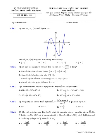 Đề thi khảo sát môn Toán 12 (Lần 1) - Mã đề 246 - Năm học 2018-2019 - Trường THPT Đoàn Thượng (Có đáp án)
