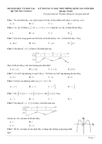 Đề thi tham khảo - Kỳ thi trung học phổ thông quốc gia năm 2020 môn Toán (Có đáp án)