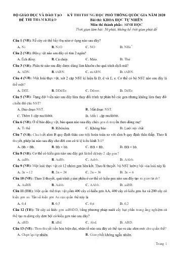 Đề thi tham khảo - Kỳ thi trung học phổ thông quốc gia năm 2020 môn Sinh học (Có đáp án)