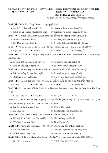 Đề thi tham khảo - Kỳ thi trung học phổ thông quốc gia năm 2020 môn Lịch sử (Có đáp án)