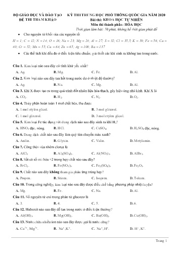 Đề thi tham khảo - Kỳ thi trung học phổ thông quốc gia năm 2020 môn Hóa học (Có đáp án)