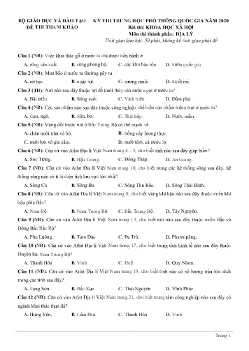 Đề thi tham khảo - Kỳ thi trung học phổ thông quốc gia năm 2020 môn Địa lý (Có đáp án)