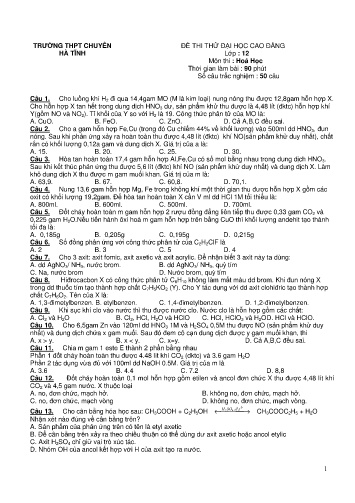 Đề thi thử đại học, cao đẳng môn Hóa học Lớp 12 - Trường THPT Chuyên Hà Tĩnh (Có đáp án)