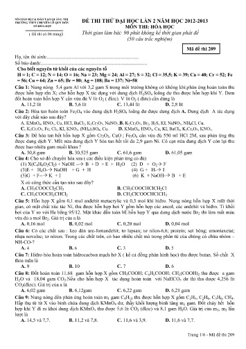 Đề thi thử đại học Lần 2 môn Hóa học - Mã đề 209 - Trường THPT Chuyên Lê Quý Đôn (Có đáp án)