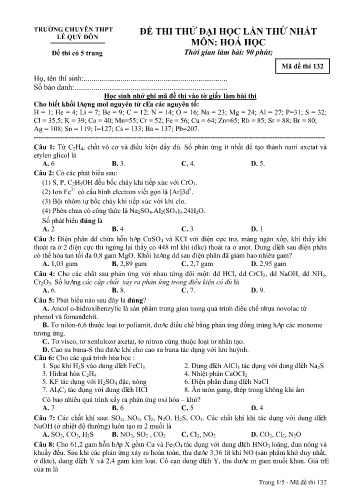 Đề thi thử đại học lần thứ nhất môn Hóa học - Mã đề 132 - Trường THPT Chuyên Lê Quý Đôn (Có đáp án)