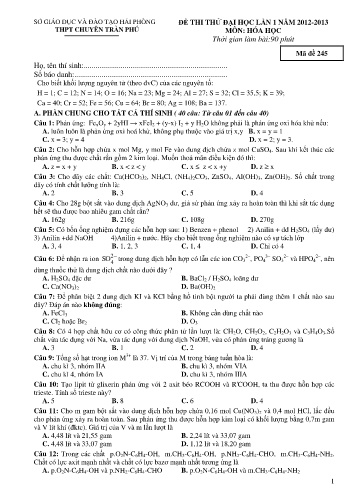 Đề thi thử đại học môn Hóa học (Lần 1) - Mã đề 245 - Trường THPT Chuyên Trần Phú (Có đáp án)