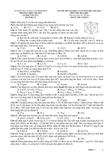 Đề thi thử đại học môn Hóa học (Lần I) - Mã đề 111 - Trường THPT Chuyên Lương Văn Tụy (Có đáp án)