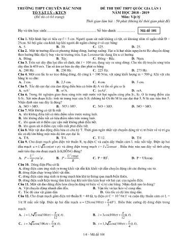 Đề thi thử THPT quốc gia môn Vật lý (Lần 1) - Mã đề 101 - Năm học 2018-2019 - Trường THPT Chuyên Bắc Ninh (Kèm đáp án)