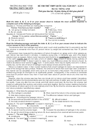 Đề thi thử THPT quốc gia năm 2017 môn Tiếng Anh (Lần 1) - Mã đề 169 - Trường THPT Chuyên Đại học Vinh
