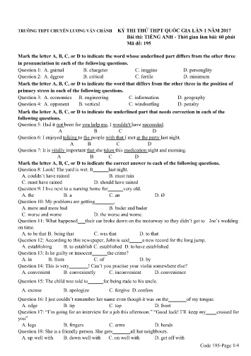 Đề thi thử THPT quốc gia năm 2017 môn Tiếng Anh (Lần 1) - Mã đề 195 - Trường THPT Chuyên Lương Văn Chánh