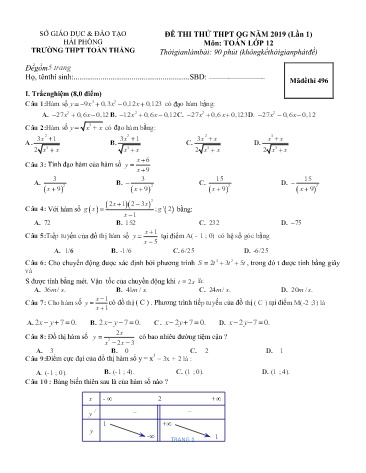 Đề thi thử THPT quốc gia năm 2019 môn Toán (Lần 1) - Mã đề 496 - Trường THPT Toàn Thắng (Có đáp án)