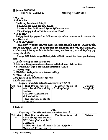 Giáo án Giải tích 12 (Nâng cao) - Chương I, Bài 2: Cực trị của hàm số (2 tiết) - Trường THPT Tây Giang