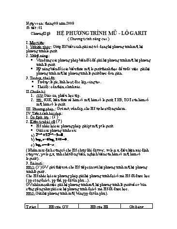 Giáo án Giải tích 12 (Nâng cao) - Chương II, Bài 8: Hệ phương trình mũ. Lôgarit