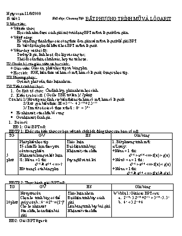 Giáo án Giải tích 12 (Nâng cao) - Chương II, Bài 9: Bất phương trình mũ và lôgarit
