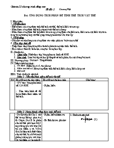 Giáo án Giải tích 12 (Nâng cao) - Chương III, Bài 6: Ứng dụng tích phân để tính thể tích vật thể