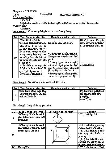 Giáo án Hình học 12 (Nâng cao) - Chương II, Bài 1: Mặt cầu, khối cầu (Tiếp theo)